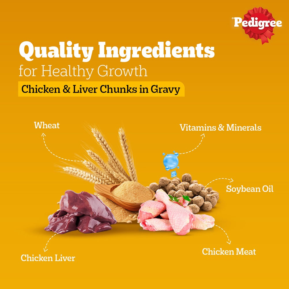 Pedigree Chicken & Liver Chunks In Gravy New Born Puppy Wet Food - 2.1 kg (30x0.07 kg) - Heads Up For Tails