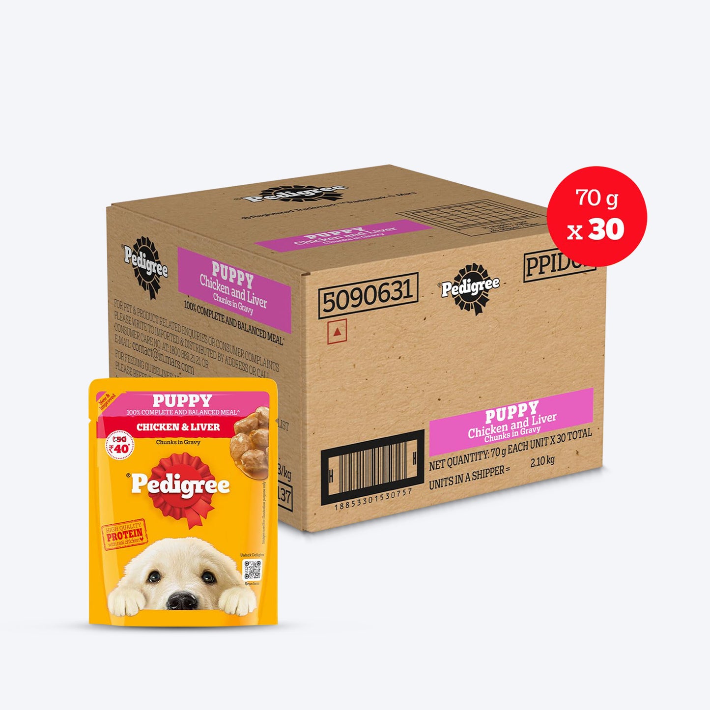 Pedigree Chicken & Liver Chunks In Gravy New Born Puppy Wet Food - 2.1 kg (30x0.07 kg) - Heads Up For Tails