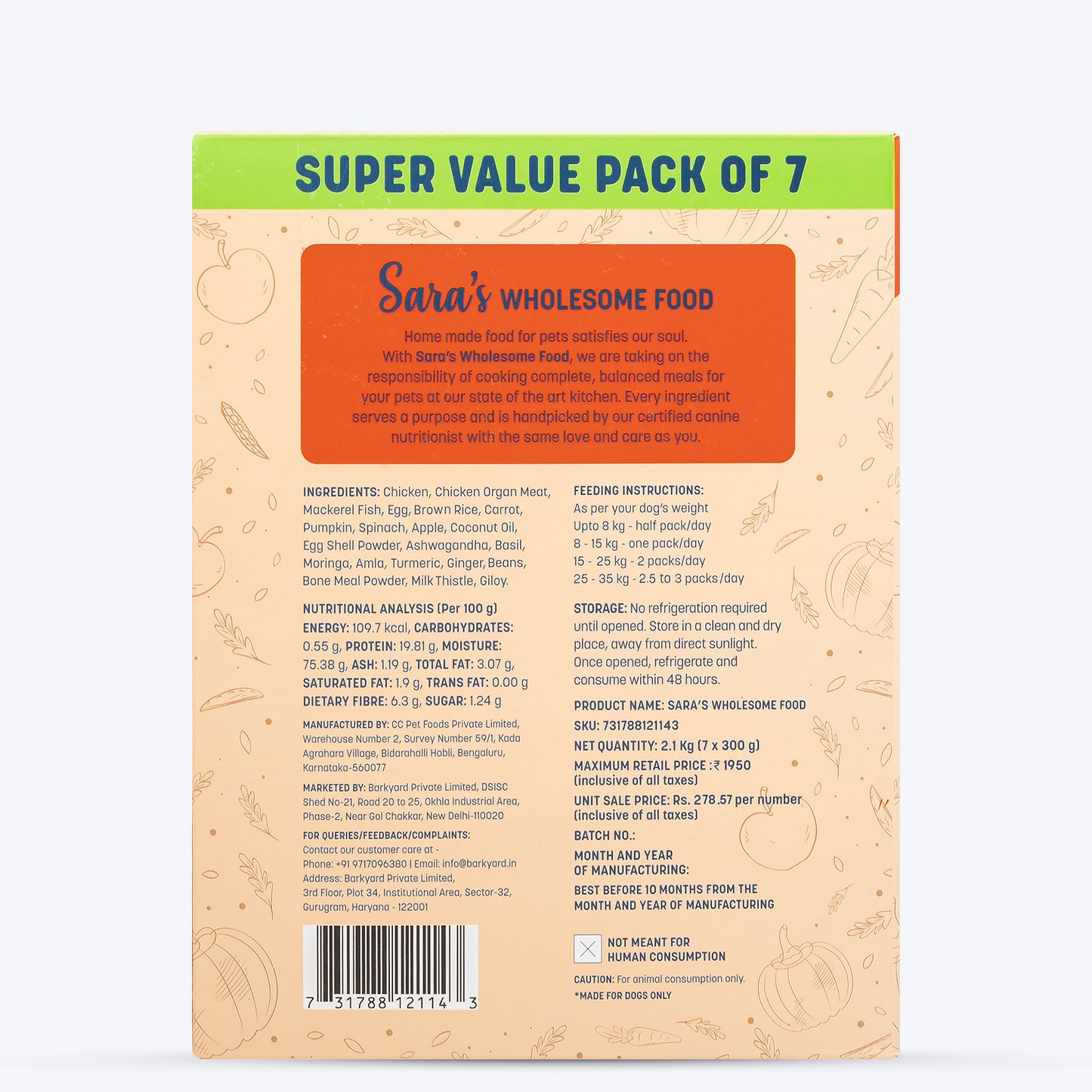 Sara's Wholesome Classic Chicken And Brown Rice Dog Food - (7 x 300g) - Heads Up For Tails