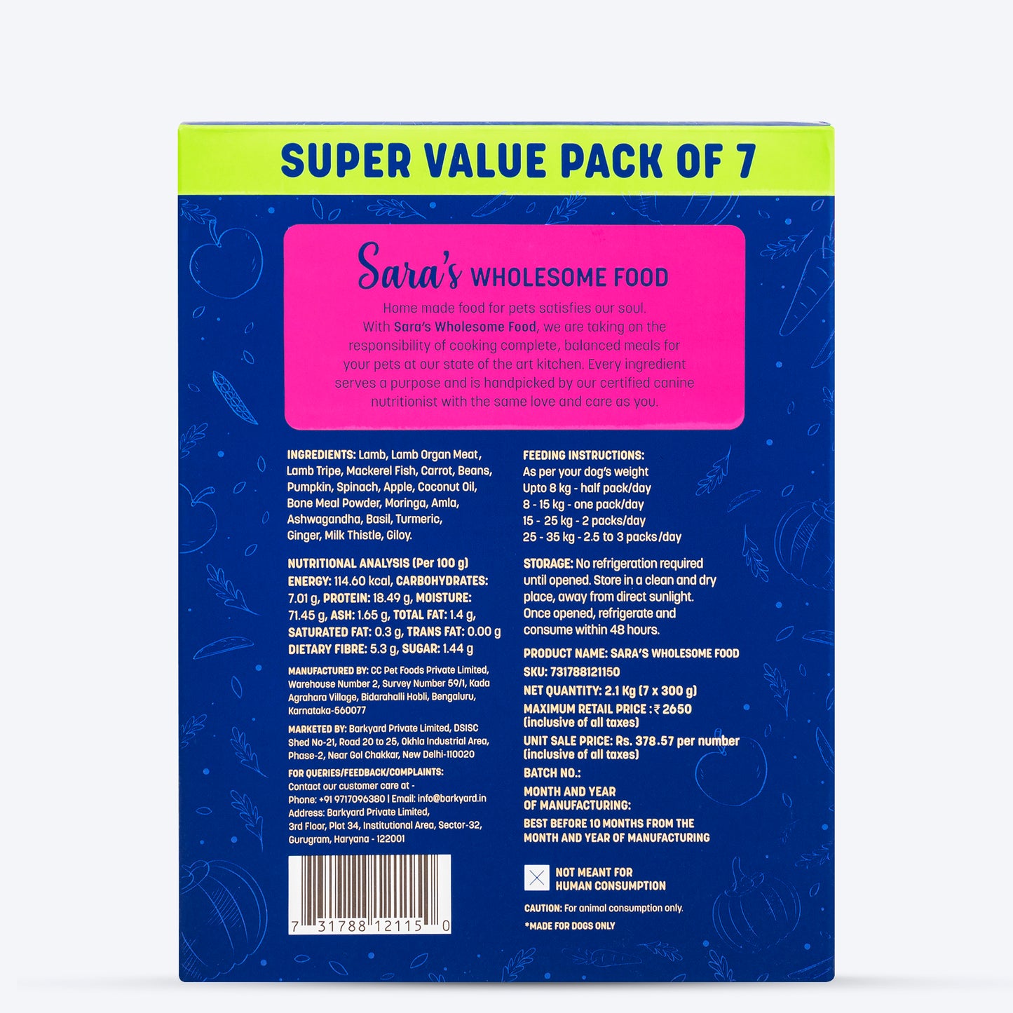 Sara's Wholesome Grain-Free Lamb And Apple Dog Food - (7 x 300g) - Heads Up For Tails