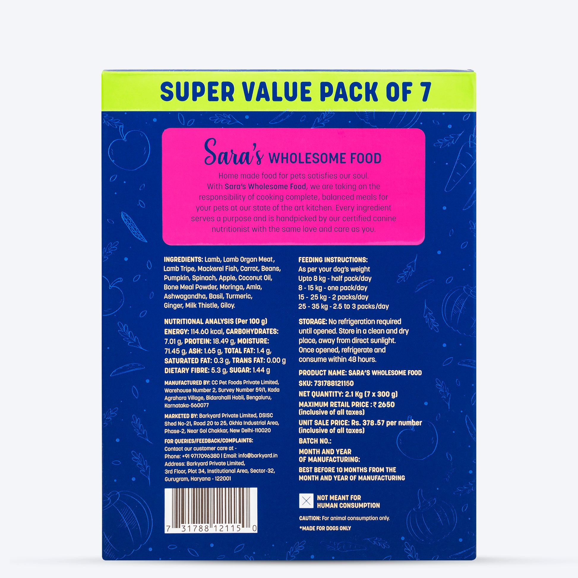 Sara's Wholesome Grain-Free Lamb And Apple Dog Food - (7 x 300g) - Heads Up For Tails
