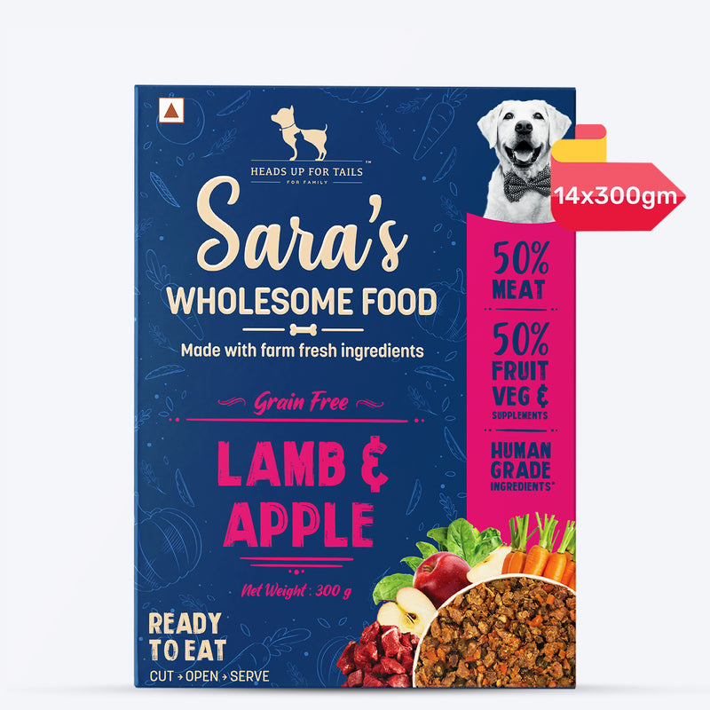 Sara's Wholesome Grain-Free Lamb and Apple Dog Food, 300 g, made with 50% meat and 50% fruit and vegetables.