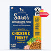 Sara's Wholesome Grain-Free Chicken and Turkey Dog Food, 300 g, made with 60% meat and 40% fruits and vegetables.