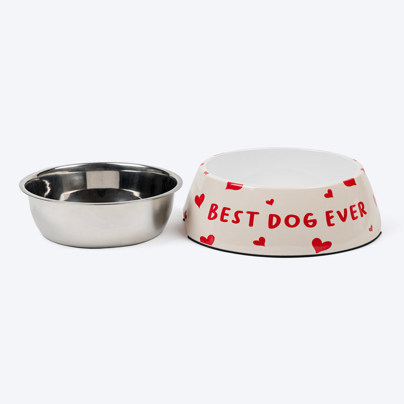HUFT Best Dog Ever Printed Melamine Bowl With Steel Inserts For Dog - Beige - Heads Up For Tails