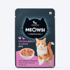 Meowsi by HUFT Chicken Breast with Duck pâté cat wet food, 80 gm, featuring a cat and a bowl of food on the packaging.