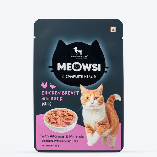 Meowsi by HUFT Chicken Breast with Duck pâté cat wet food, 80 gm, featuring a cat and a bowl of food on the packaging.
