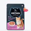 Meowsi by HUFT Chicken Breast with Duck pâté cat wet food, 80 gm, featuring a cat and a bowl of food on the packaging.