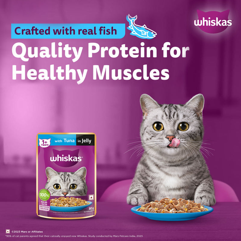 Whiskas Tuna in Jelly (1+ Years) Wet Food For Adult Cat - 80 gm Pack - Heads Up For Tails