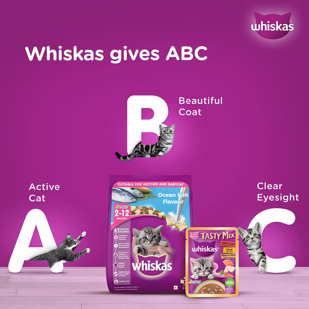 Whiskas Tasty Mix Seafood Cocktail With Carrot In Gravy Wet Food For Junior (2-12 Months) Kitten- 70 gm Pack - Heads Up For Tails