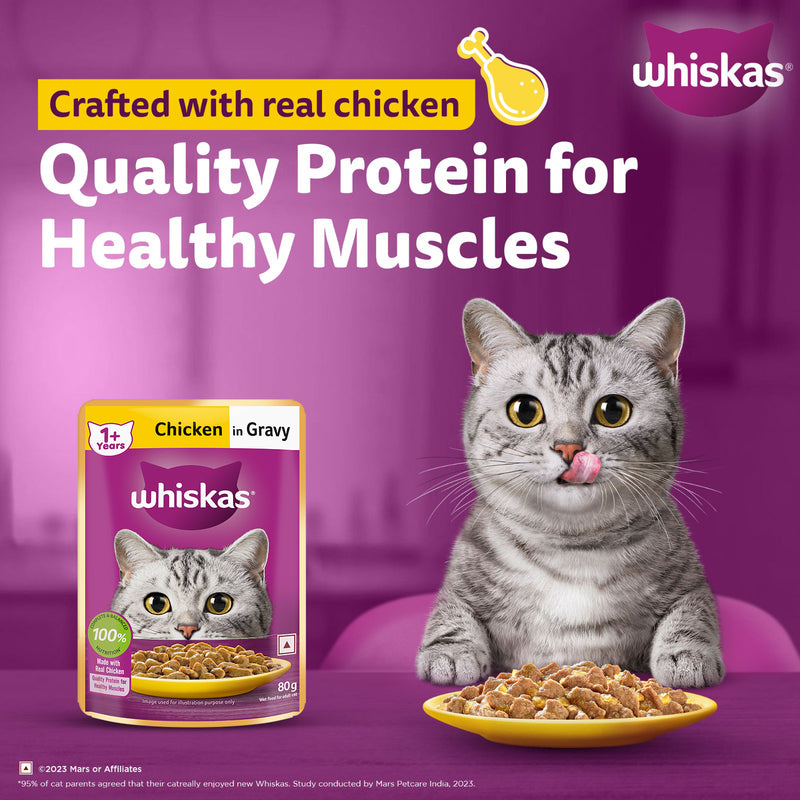 Whiskas Chicken in Gravy (1+ Years) Wet Food For Adult Cat - 80 gm Pack - Heads Up For Tails