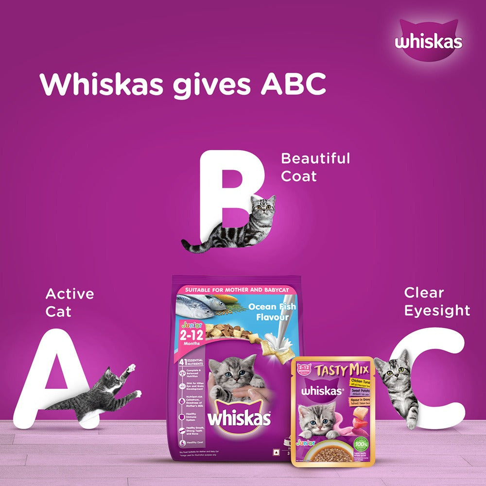 Whiskas Tasty Mix Chicken Tuna With Sweet Potato In Gravy Wet Food For Junior (2-12 Months) Kitten - 70 gm Pack - Heads Up For Tails