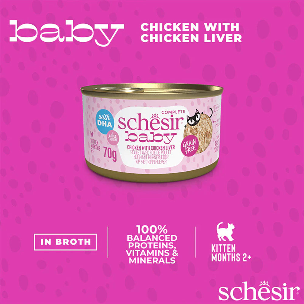 Schesir Baby Chicken With Chicken Liver In Broth Wet Food For Kitten - 70 gm - Heads Up For Tails