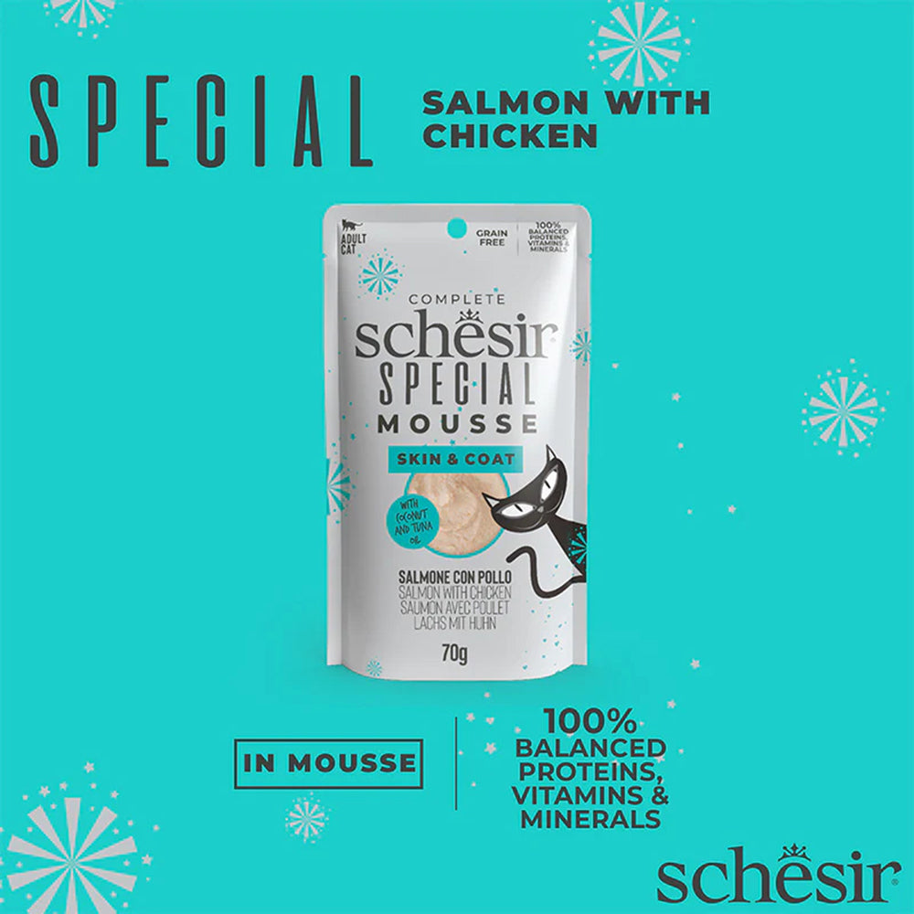 Schesir Special Mousse Skin & Coat Salmon With Chicken Wet Food For Adult Cat - 70 gm - Heads Up For Tails