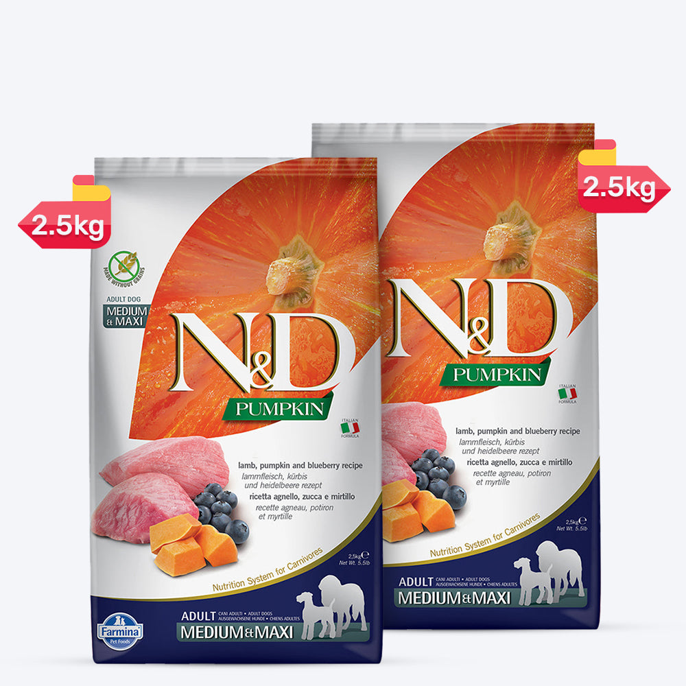 Farmina N&D Pumpkin Lamb & Blueberry Grain Free Medium & Maxi Breed Adult Dry Dog Food - Heads Up For Tails
