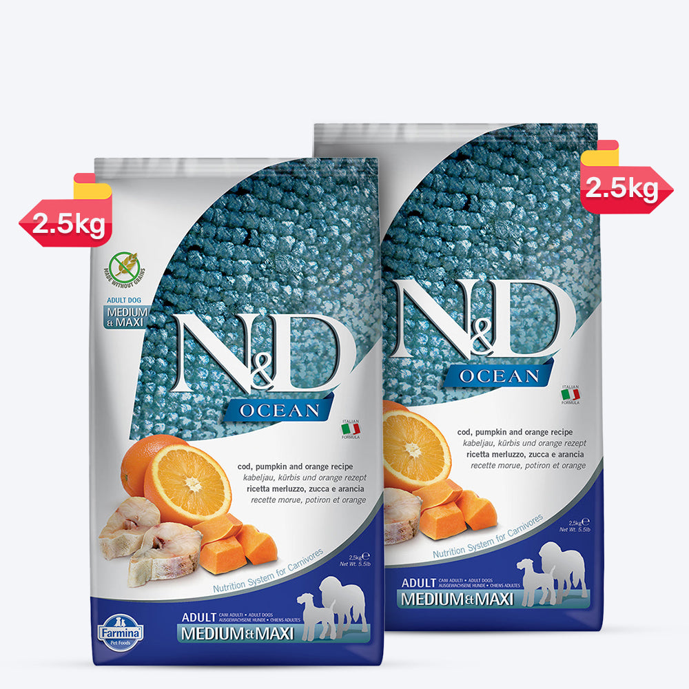 Farmina N&D Pumpkin Codfish & Orange Grain Free Medium & Maxi Breed Adult Dry Dog Food - Heads Up For Tails