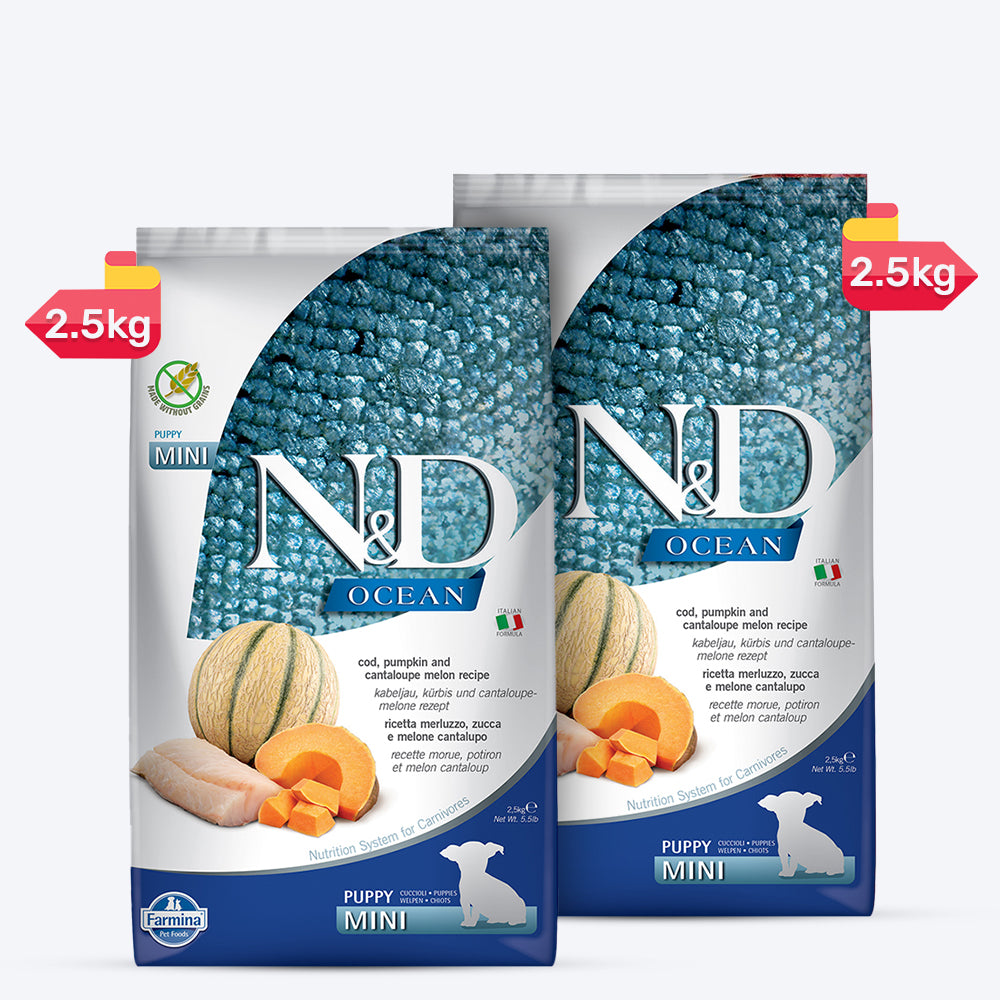 Farmina N&D Ocean COD Pumpkin& Cantaloupe Melon Grain Free Puppy Dry Food - Mini Breed - Heads Up For Tails