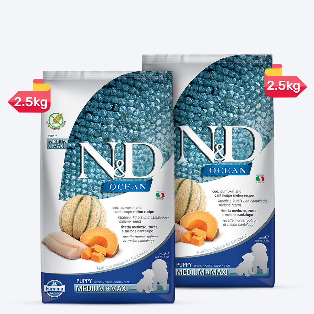 Farmina N&D Ocean COD Pumpkin & Cantaloupe Melon Grain Free Dry Puppy Food - Medium & Maxi Breed - Heads Up For Tails