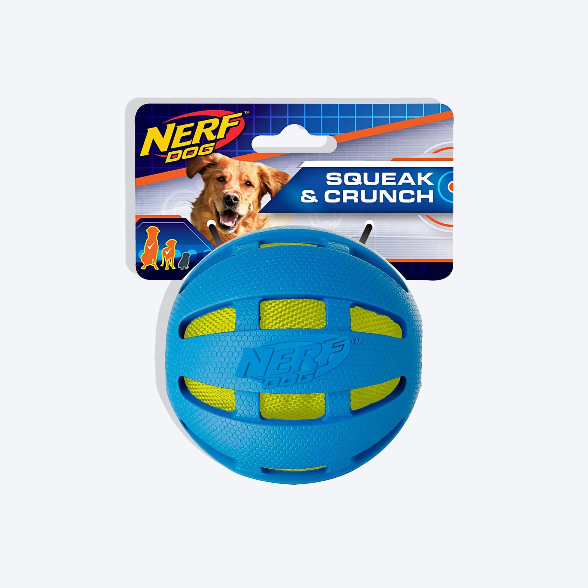 NERF DOG Checker Squeak & Crunch Ball Toy For Dog - Blue & Green - Heads Up For Tails