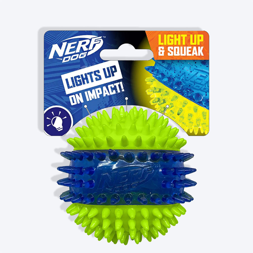NERF DOG Spike Squeak Ball Toy For Dog - Green & Blue - 9.5 cm - Heads Up For Tails