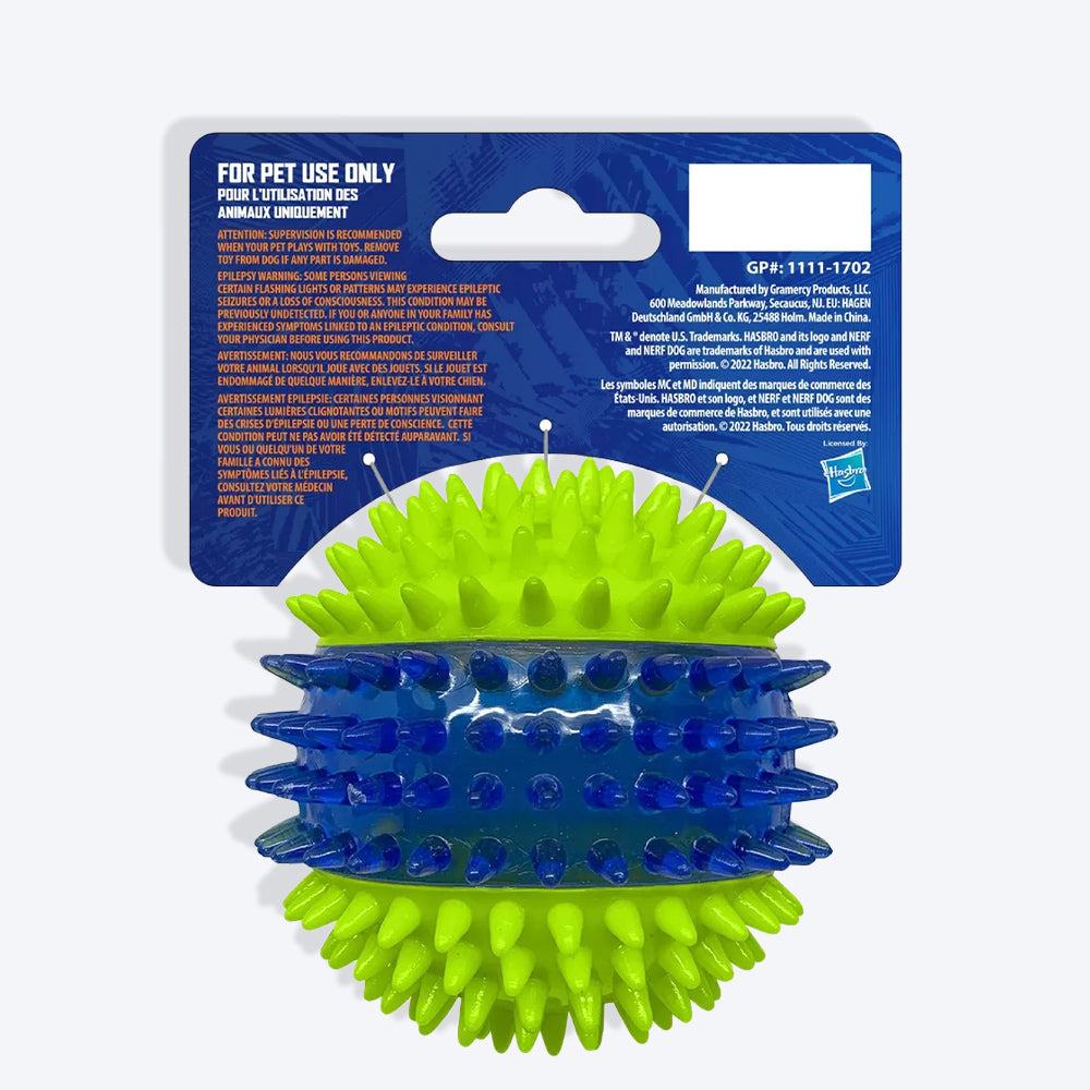 NERF DOG Spike Squeak Ball Toy For Dog - Green & Blue - 9.5 cm - Heads Up For Tails