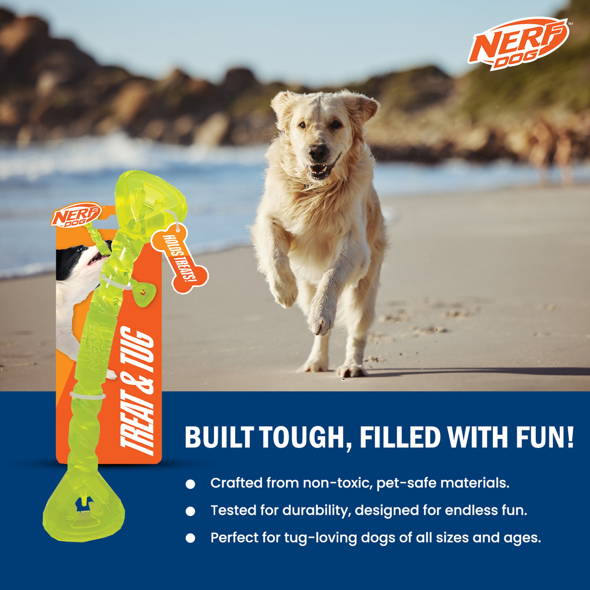 NERF DOG Treat & Tug Bone Chew Toy For Dog - Green - Heads Up For Tails
