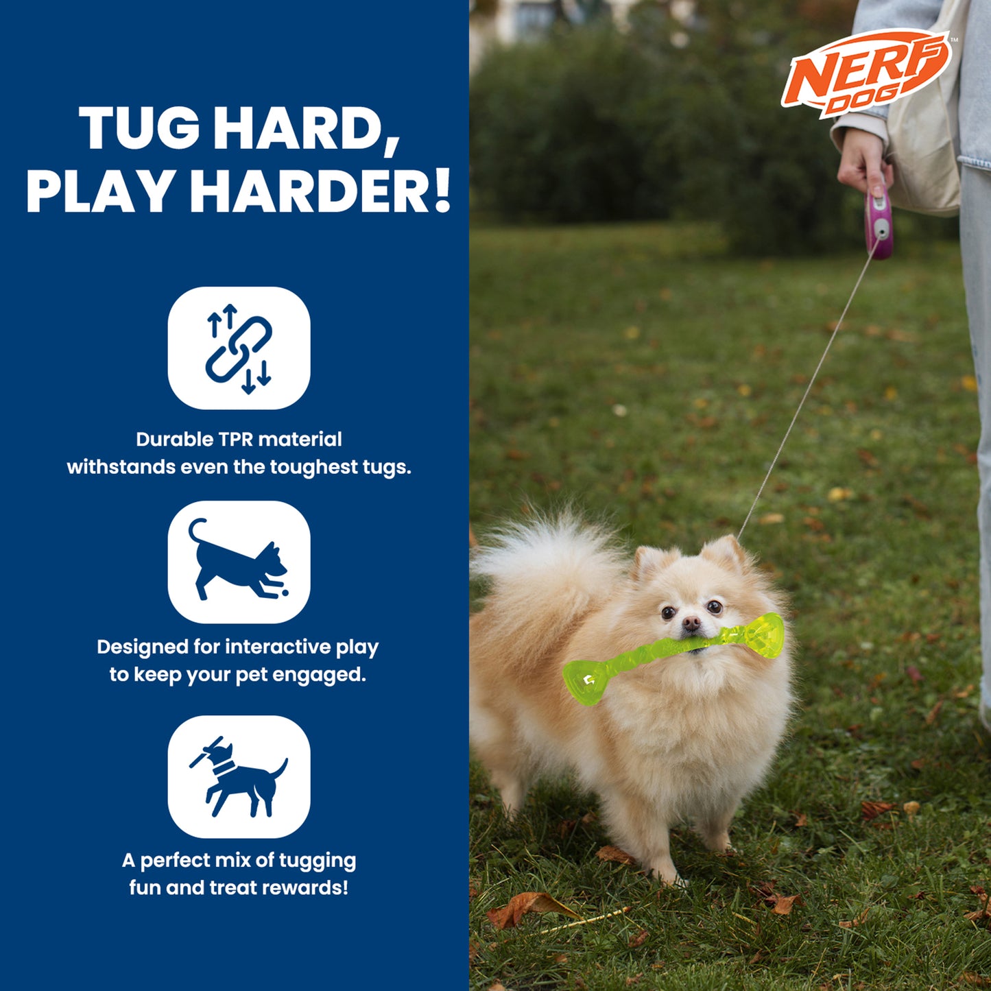 NERF DOG Treat & Tug Bone Chew Toy For Dog - Green - Heads Up For Tails
