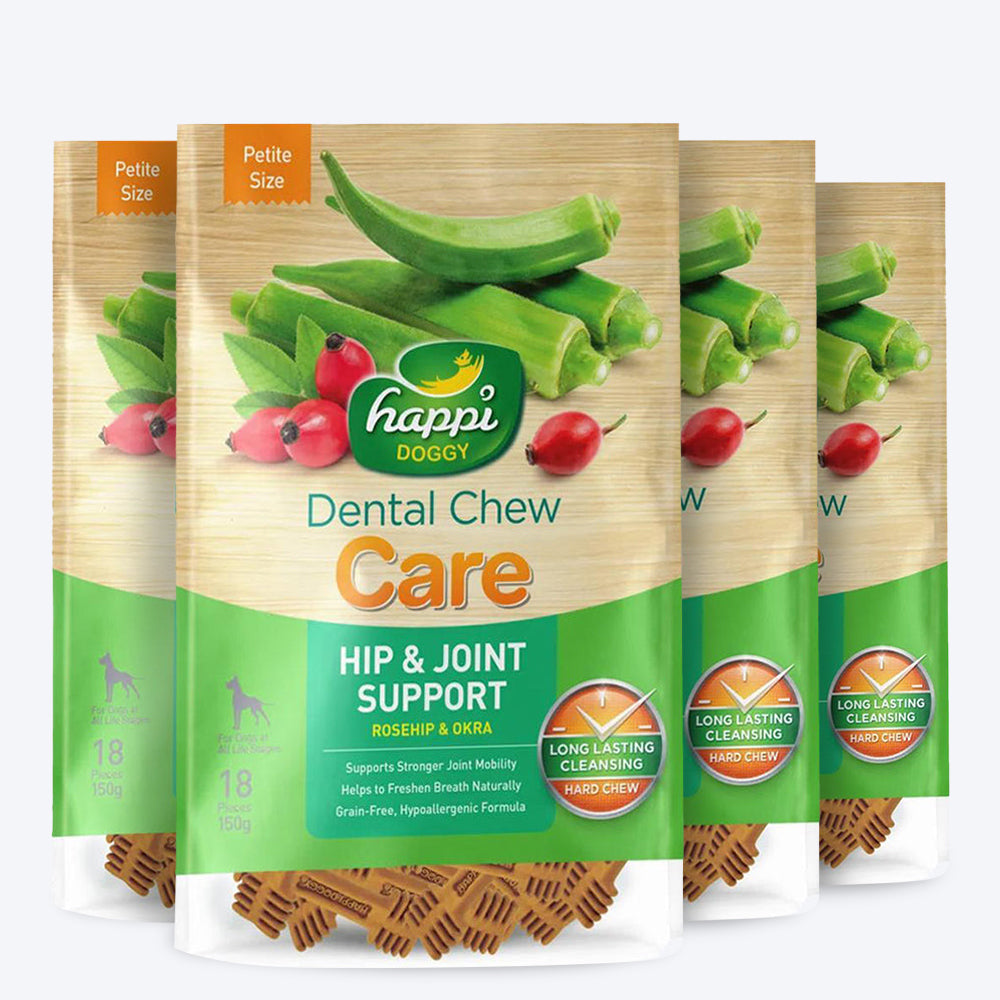 Happi Doggy Vegetarian Dental Chew - Care (Hip & Joint Support) Rosehip & Okra - Petite - 2.5 inch - 150 g - 18 Pieces - Heads Up For Tails