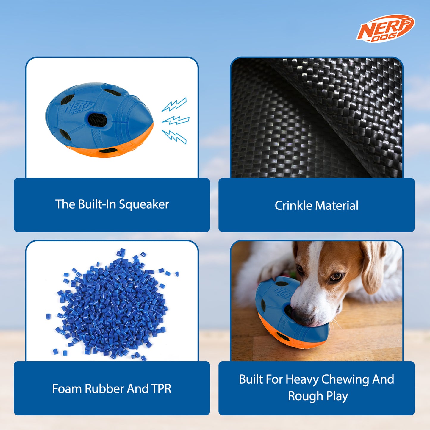 NERF DOG Crinkle & Squeak Football Toy For Dog - Blue & Orange - Heads Up For Tails