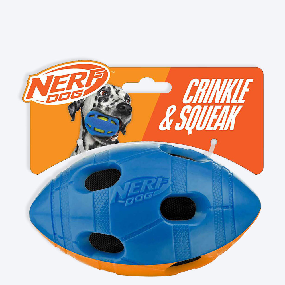 NERF DOG Crinkle & Squeak Football Toy For Dog - Blue & Orange - Heads Up For Tails