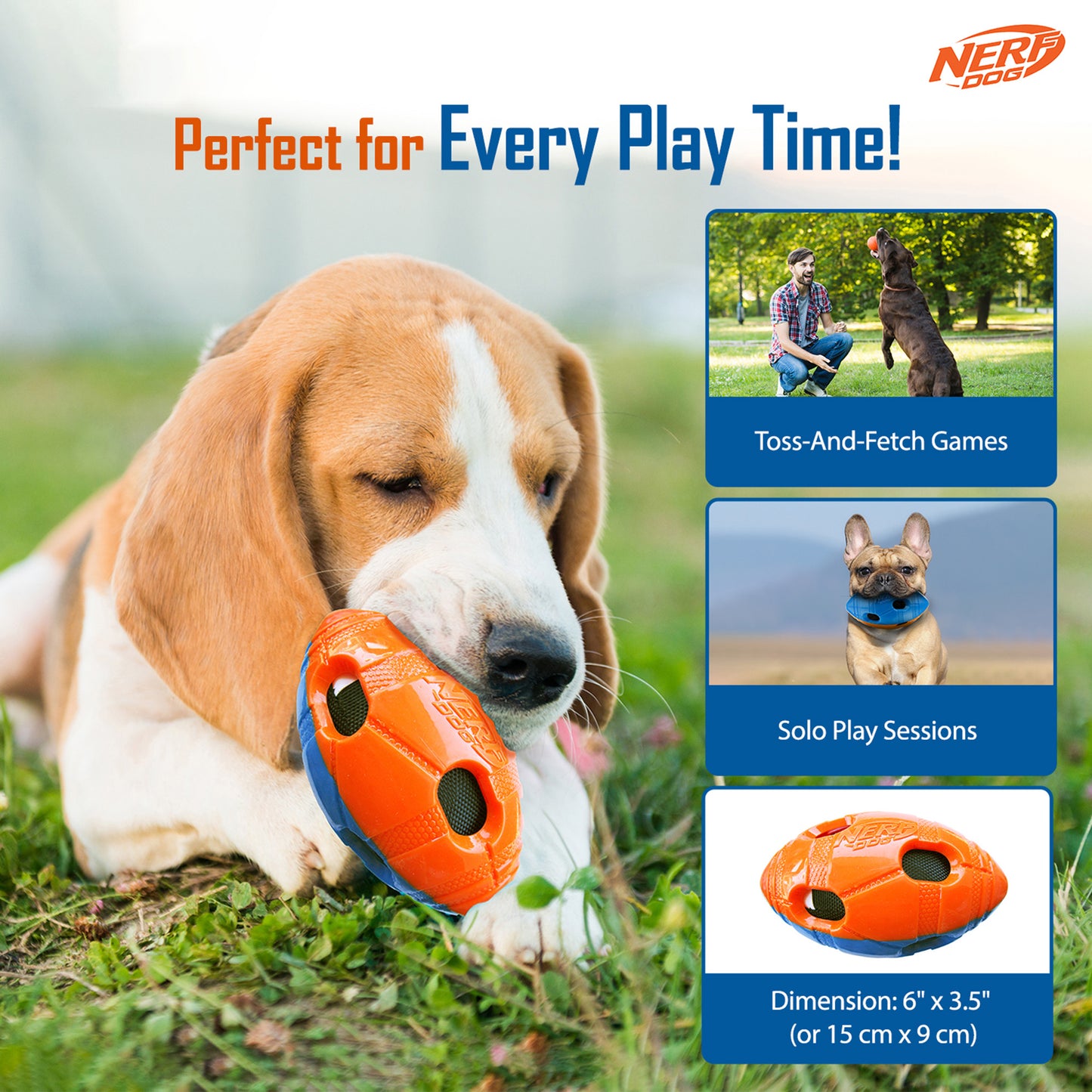 NERF DOG Crinkle & Squeak Football Toy For Dog - Blue & Orange - Heads Up For Tails