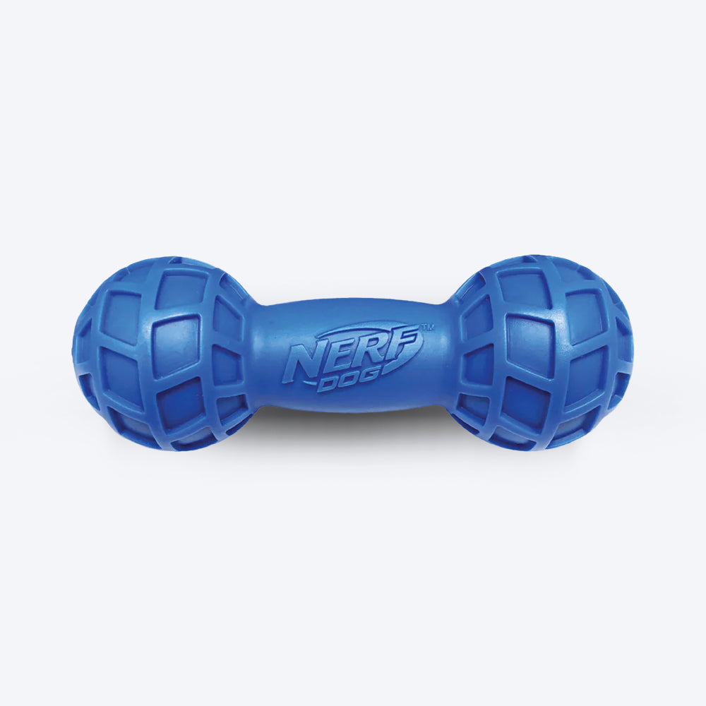 NERF DOG EXO Micro Squeak Barbell Chew Toy For Dog - Blue - Heads Up For Tails