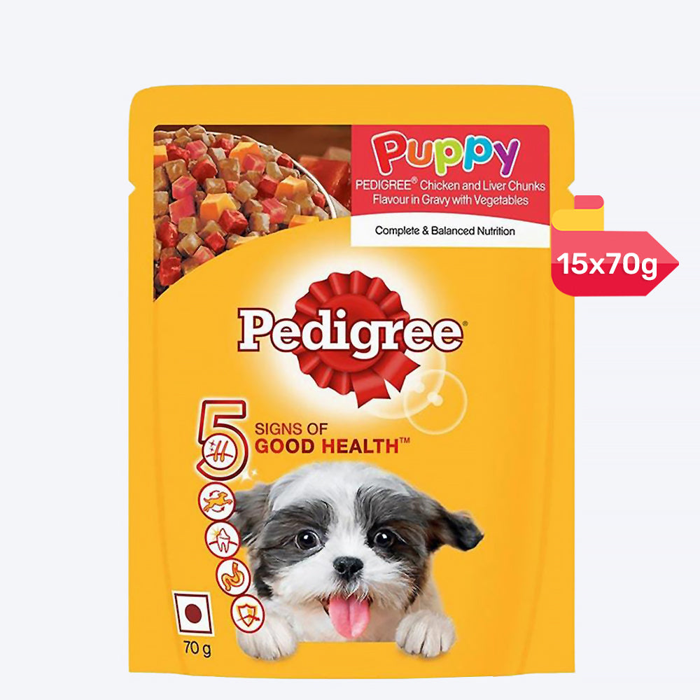 Pedigree Chicken & Liver Chunks in Gravy with Vegetables Wet Puppy Food - 70Gm Packs - Heads Up For Tails
