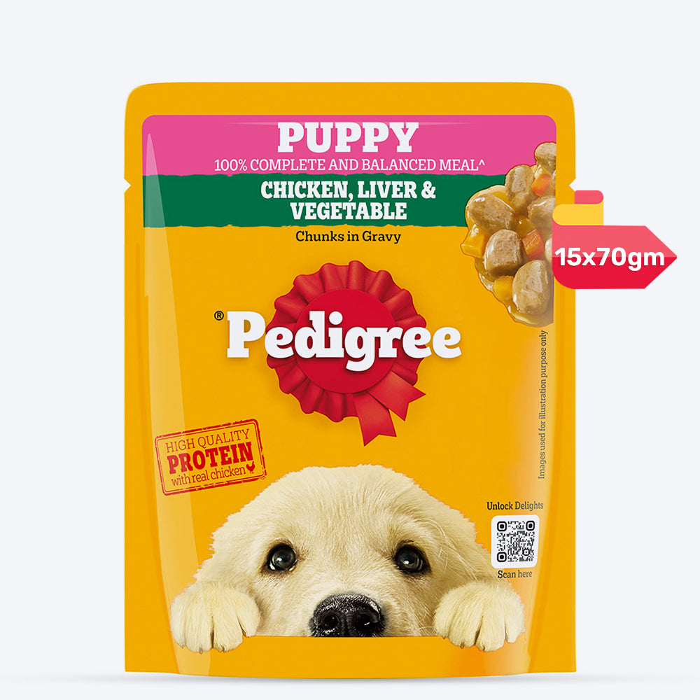 Pedigree Chicken & Liver Chunks in Gravy with Vegetables Wet Puppy Food - 70Gm Packs - Heads Up For Tails
