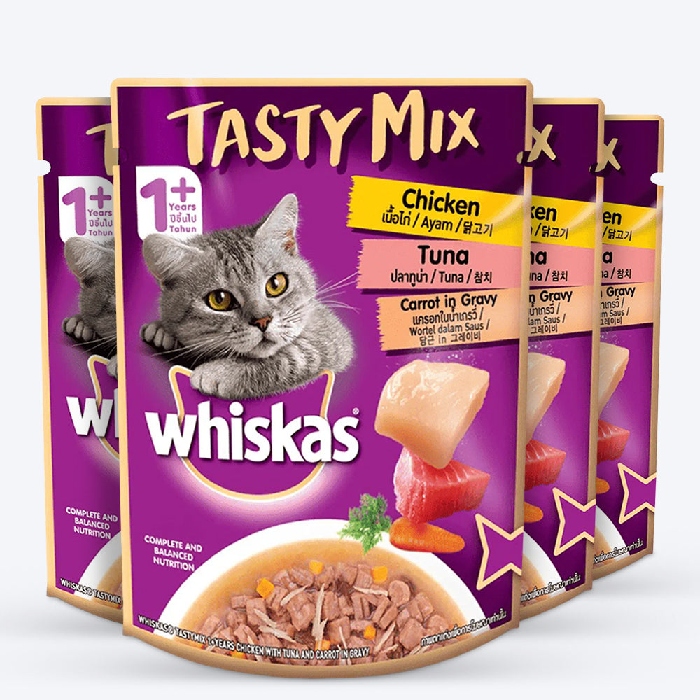 Whiskas Adult (1+ year) Tasty Mix Wet Cat Food Made With Real Fish, Chicken With Tuna And Carrot in Gravy - 70 g packs - Heads Up For Tails