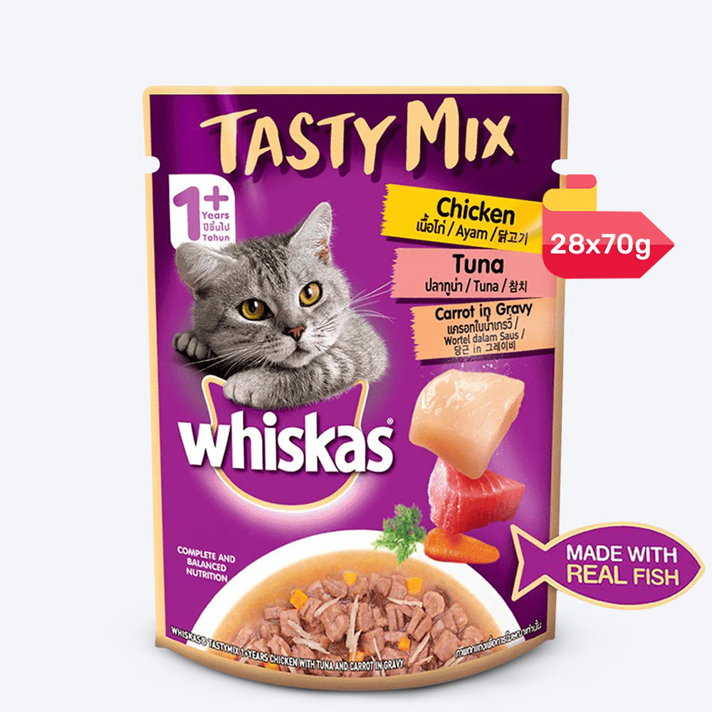 Whiskas Tasty Mix Wet Food Made With Real Fish(Tuna), Chicken & Carrot in Gravy For Adult (1+ year) Cat - 70 gm Pack - Heads Up For Tails