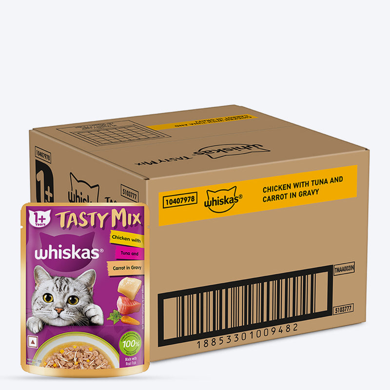 Whiskas Tasty Mix Wet Food Made With Real Fish(Tuna), Chicken & Carrot in Gravy For Adult (1+ year) Cat - 70 gm Pack - Heads Up For Tails