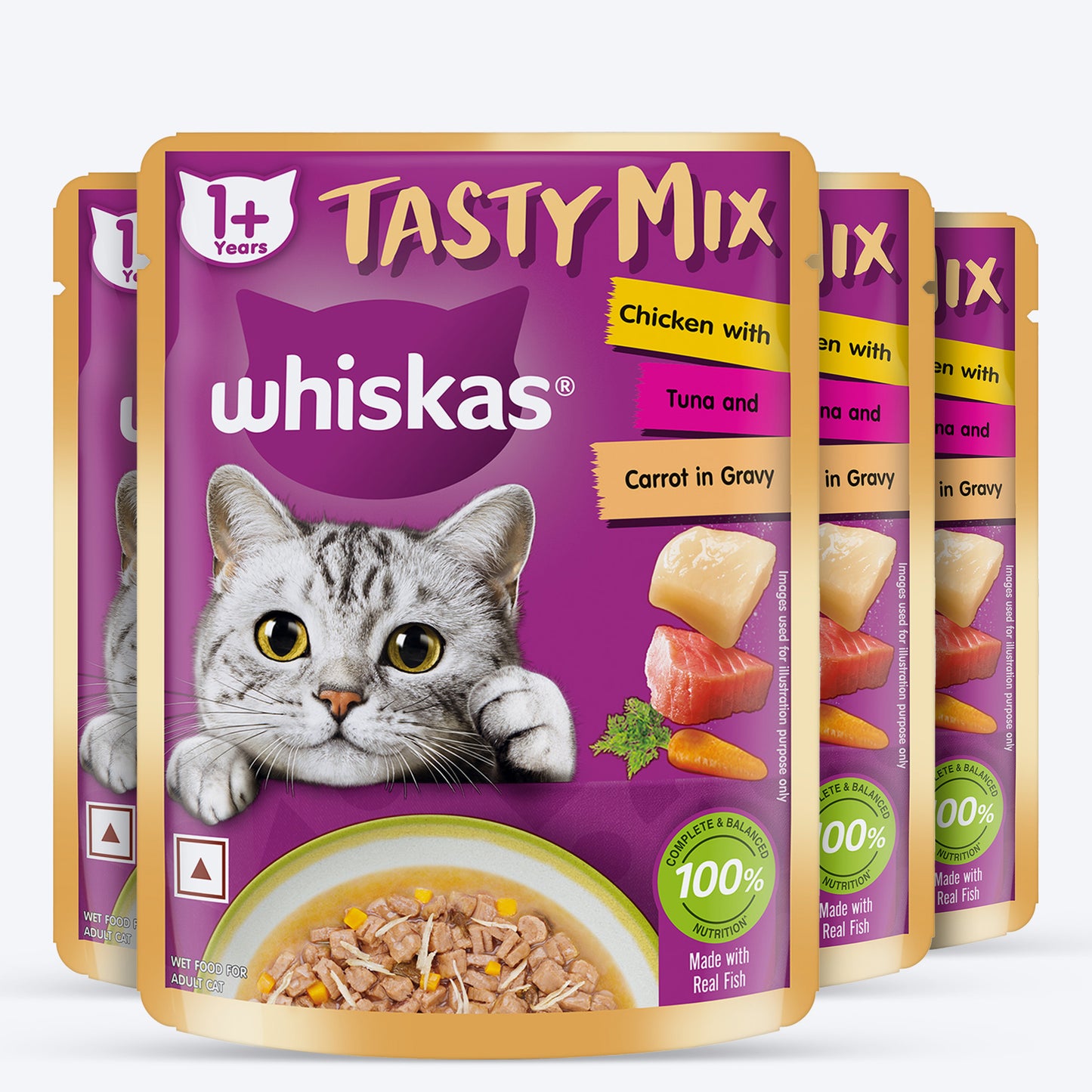 Whiskas Tasty Mix Wet Food Made With Real Fish(Tuna), Chicken & Carrot in Gravy For Adult (1+ year) Cat - 70 gm Pack - Heads Up For Tails