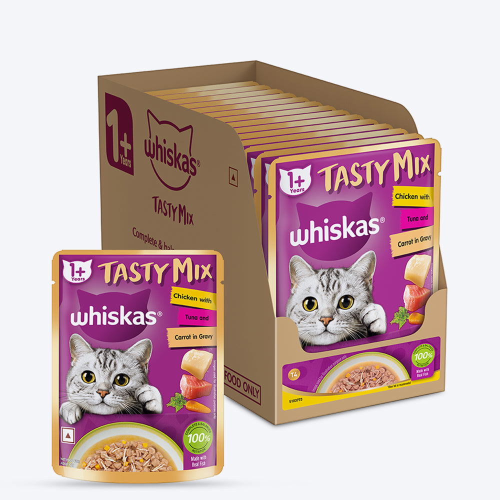 Whiskas Tasty Mix Wet Food Made With Real Fish(Tuna), Chicken & Carrot in Gravy For Adult (1+ year) Cat - 70 gm Pack - Heads Up For Tails