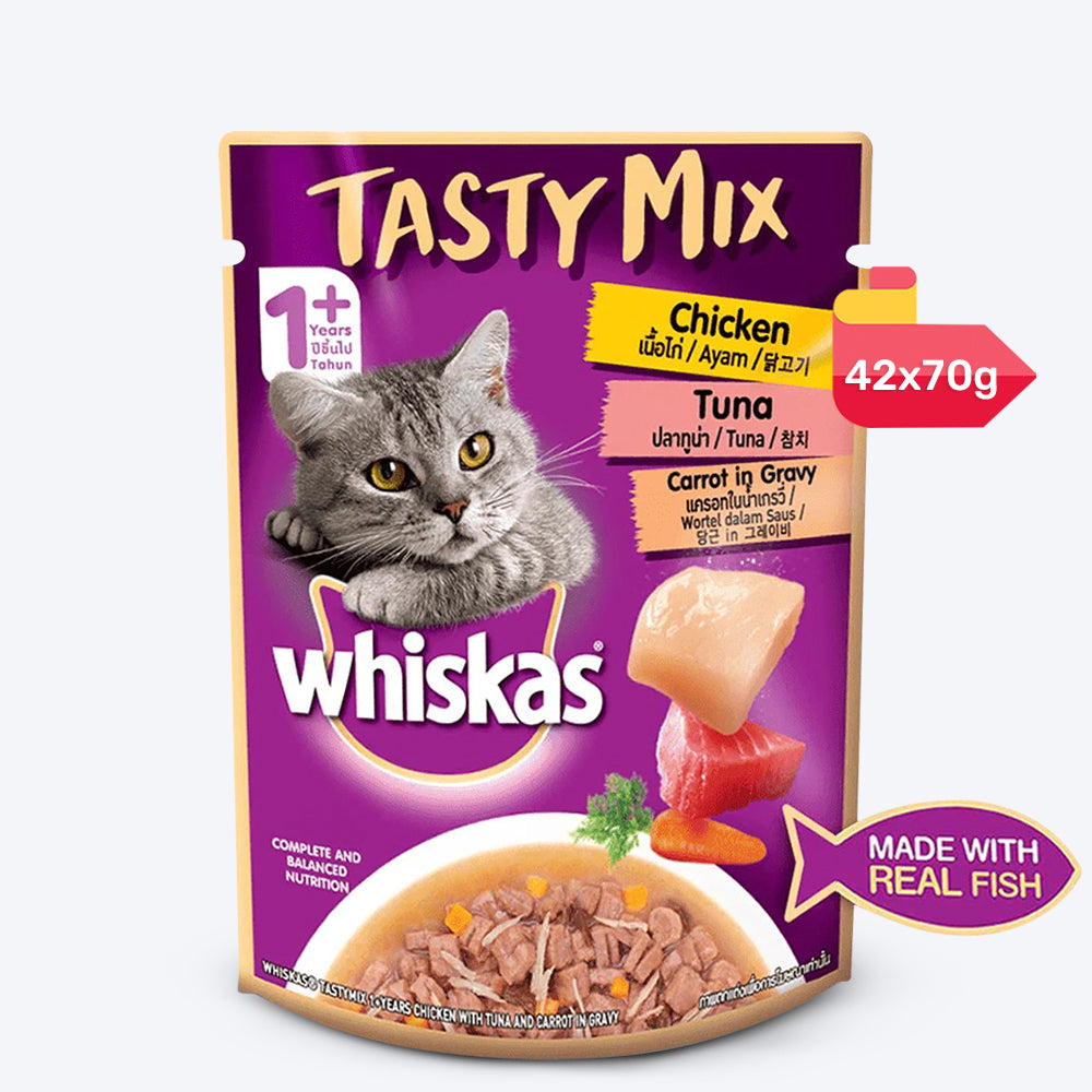 Whiskas Tasty Mix Wet Food Made With Real Fish(Tuna), Chicken & Carrot in Gravy For Adult (1+ year) Cat - 70 gm Pack - Heads Up For Tails
