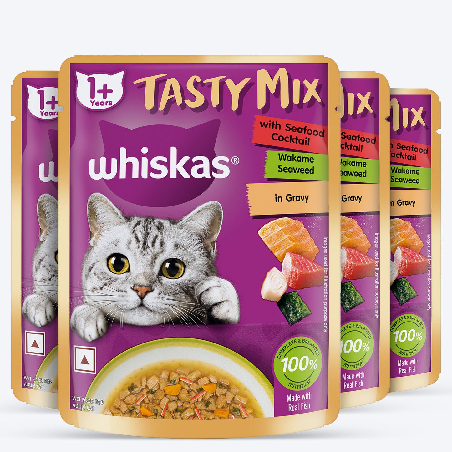Whiskas Tasty Mix Wet Food Made With Real Fish (Seafood Cocktail & Wakame Seaweed) in Gravy For Adult (1+ year) Cat - 70 gm Pack - Heads Up For Tails
