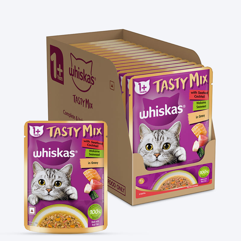 Whiskas Tasty Mix Wet Food Made With Real Fish (Seafood Cocktail & Wakame Seaweed) in Gravy For Adult (1+ year) Cat - 70 gm Pack - Heads Up For Tails
