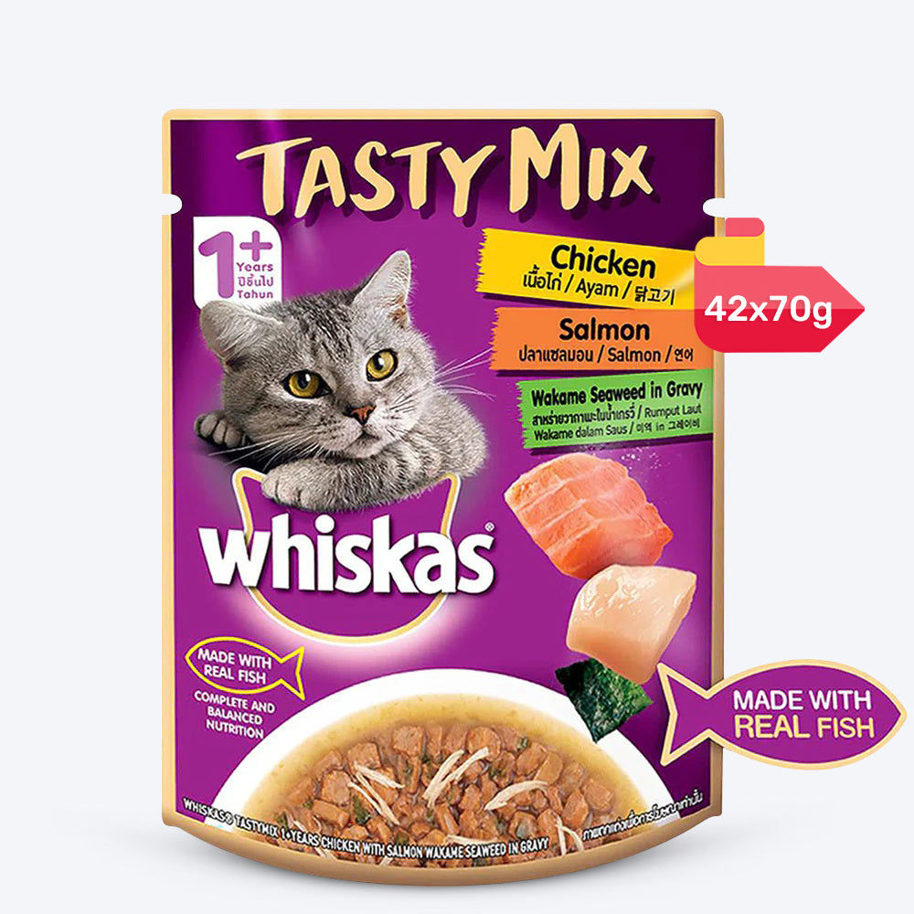 Whiskas Tasty Mix Wet Food Made With Real Fish (Salmon & Wakame Seaweed) With Chicken in Gravy For Adult (1+ year) Cat - 70 gm Pack - Heads Up For Tails