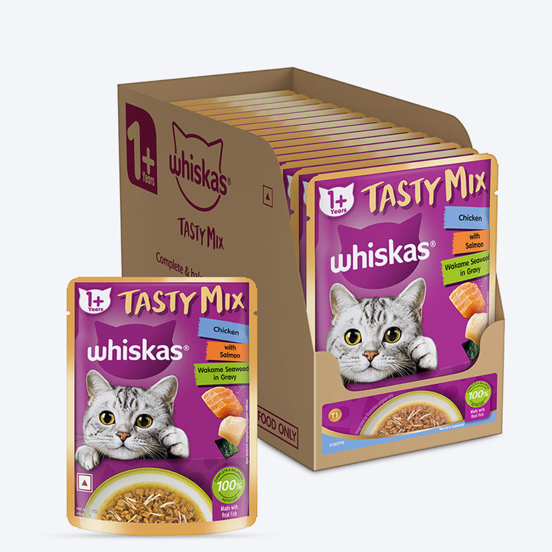 Whiskas Tasty Mix Wet Food Made With Real Fish (Salmon & Wakame Seaweed) With Chicken in Gravy For Adult (1+ year) Cat - 70 gm Pack - Heads Up For Tails