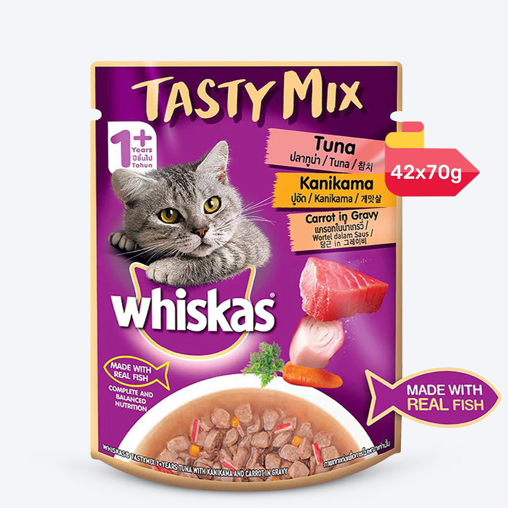 Whiskas Tasty Mix Wet Food Made With Real Fish (Tuna & Kanikama), And Carrot in Gravy For Adult (1+ year) Cat - 70 gm Pack - Heads Up For Tails