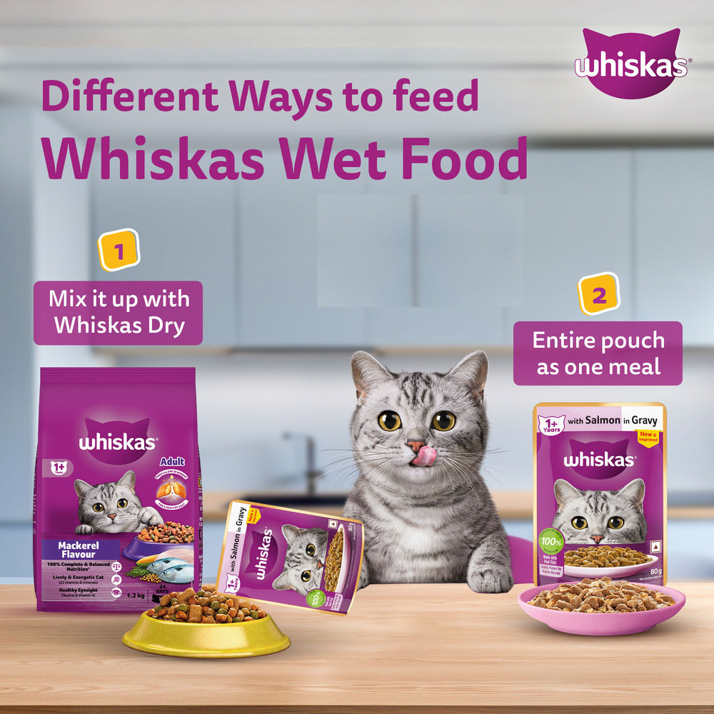 Whiskas Salmon in Gravy (1+ Years) Wet Food For Adult Cat - 80 gm Pack - Heads Up For Tails