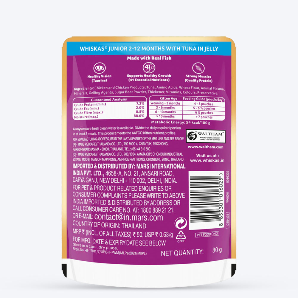 Whiskas Tuna in Jelly (2-12 Months) Wet Food For Kitten - 80 gm Pack - Heads Up For Tails