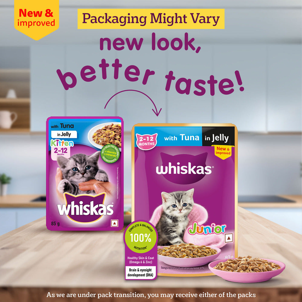 Whiskas Tuna in Jelly (2-12 Months) Wet Food For Kitten - 80 gm Pack - Heads Up For Tails