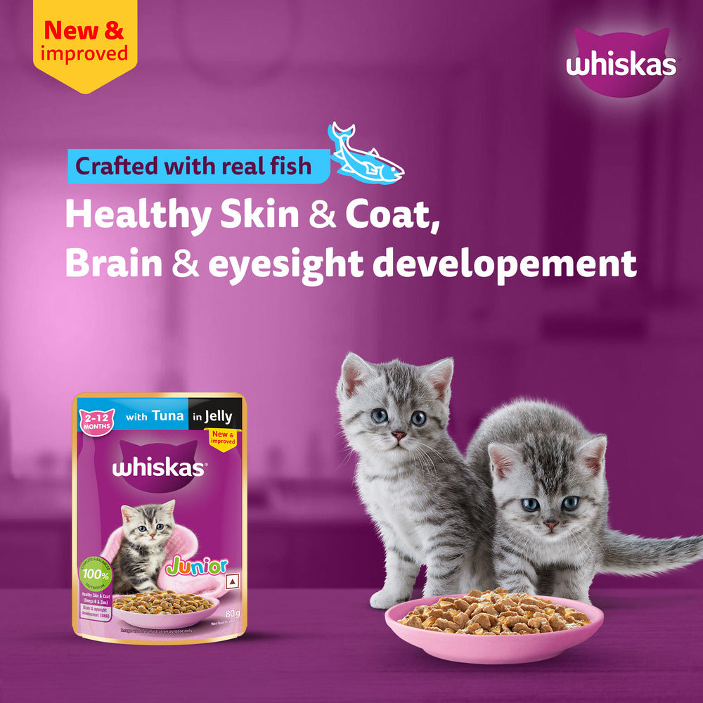 Whiskas Tuna in Jelly (2-12 Months) Wet Food For Kitten - 80 gm Pack - Heads Up For Tails