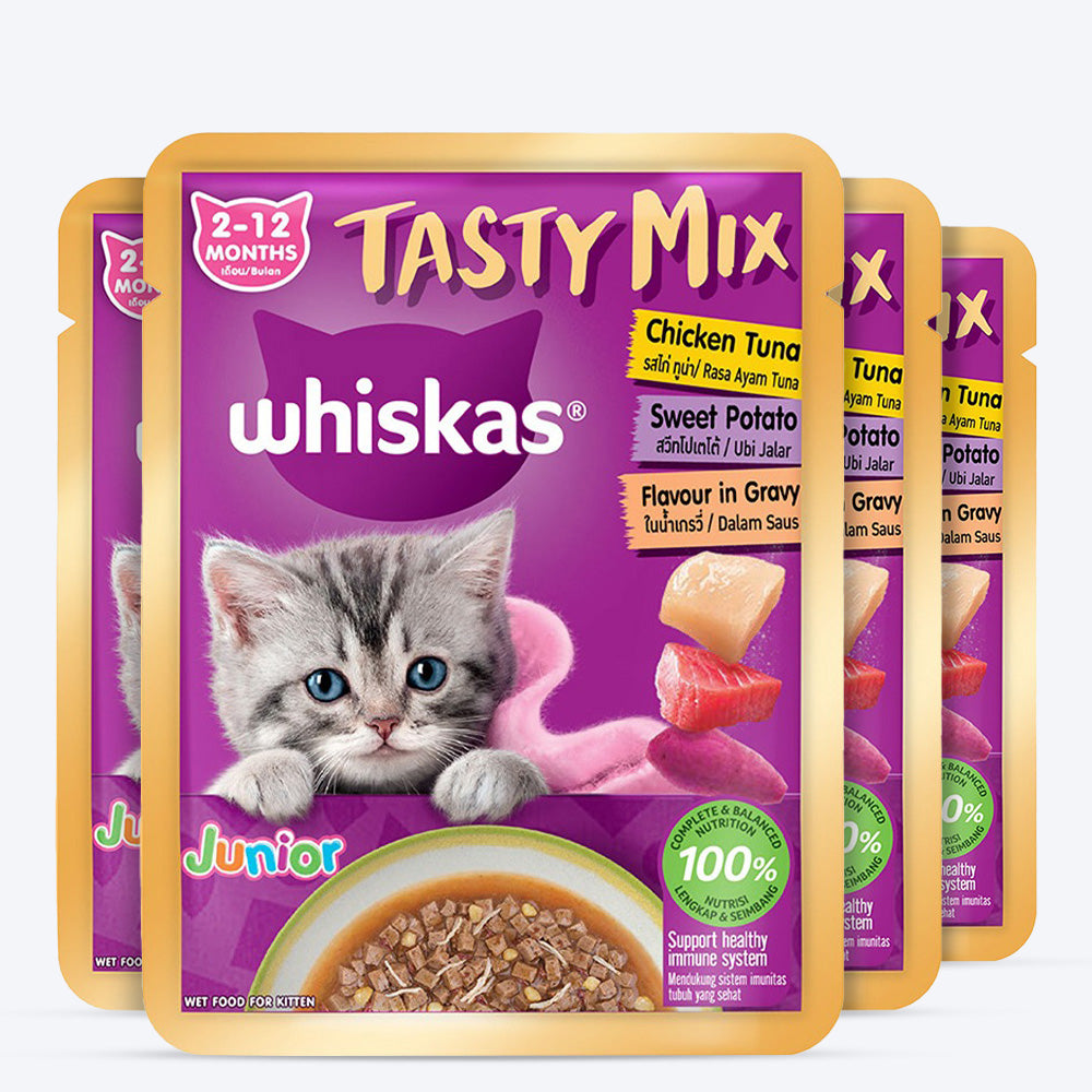 Whiskas Tasty Mix Chicken Tuna With Sweet Potato In Gravy Wet Food For Junior (2-12 Months) Kitten - 70 gm Pack - Heads Up For Tails