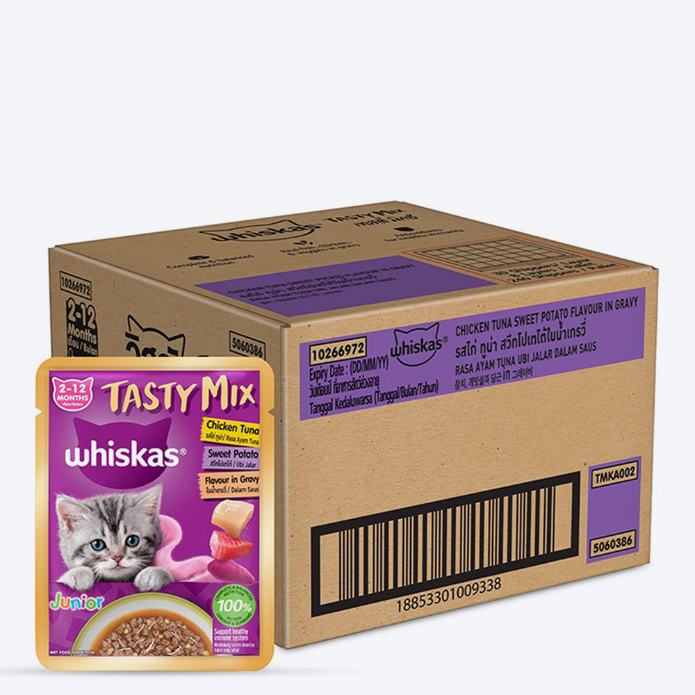Whiskas Tasty Mix Chicken Tuna With Sweet Potato In Gravy Wet Food For Junior (2-12 Months) Kitten - 70 gm Pack - Heads Up For Tails